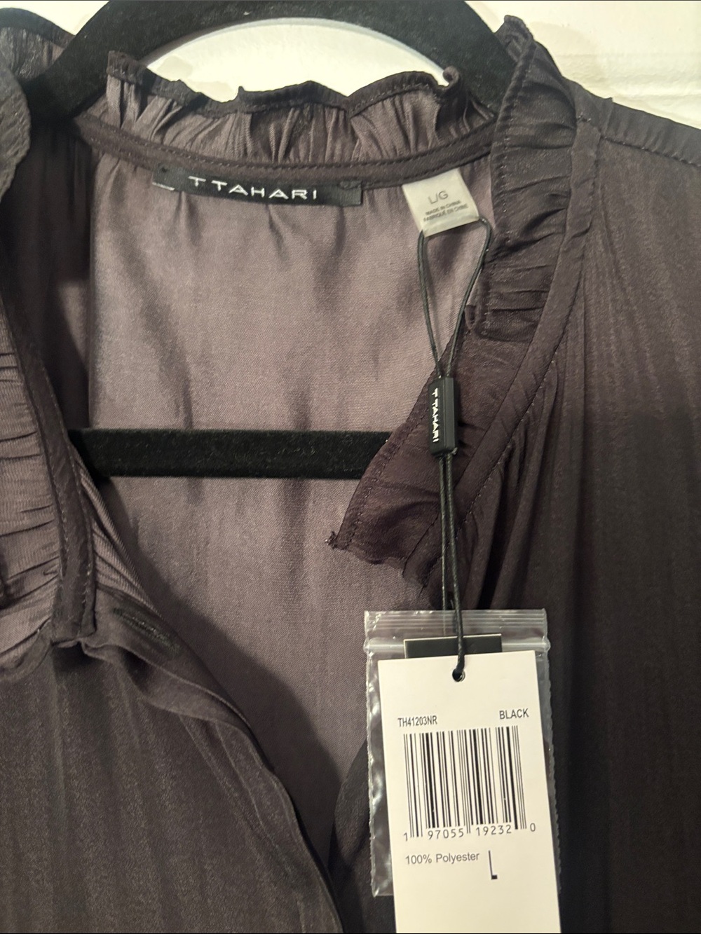 Tahari Charcoal Black Ruffled Short-Sleeve Blouse - Picture 3 of 5